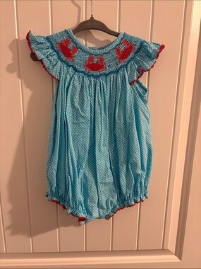 Surcie Blue Polka Dot Smocked Baby Romper with Red Crab Embroidery